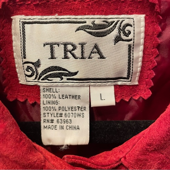 TRIA Red Leather Cropped Jacket Women’s Large Biker Moto Suede Coat Winter - Picture 2 of 16